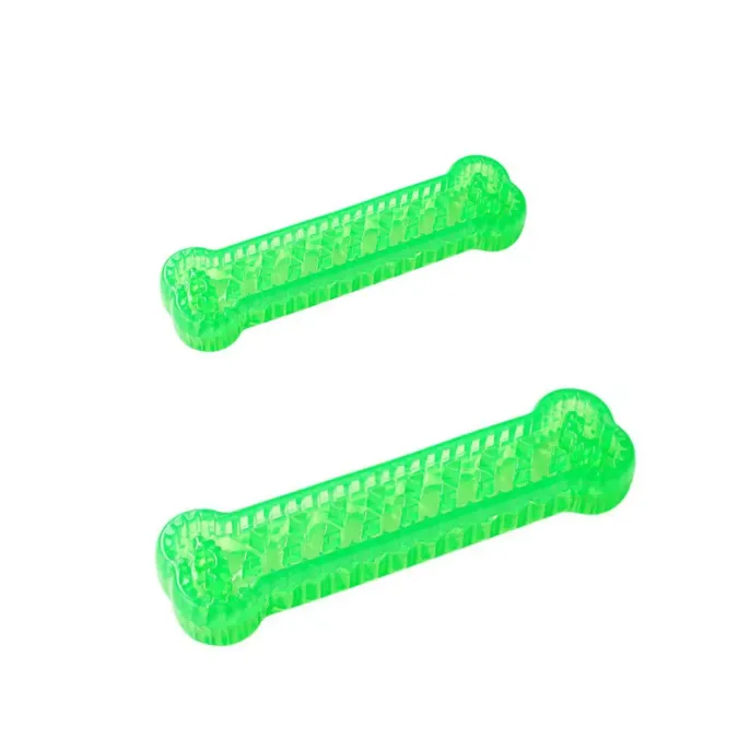 Two green transparent bone shaped dog chew toys made of durable TPR material for dog teeth cleaning and chewing