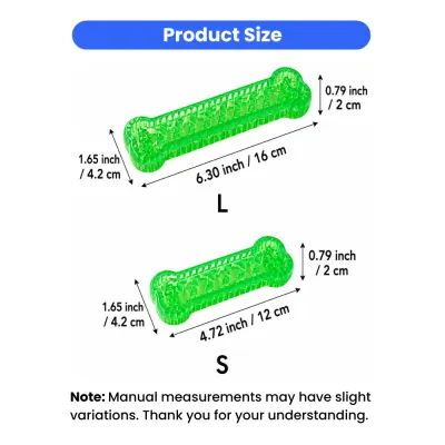 Size dimensions of bone shaped dog chew toy in large and small sizes with inch and cm measurements