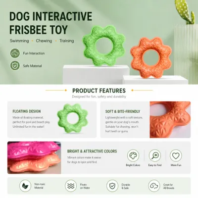 Floating Dog Interactive Frisbee Toy Product Features Floating dog frisbee toy with soft texture, bright colors, and lightweight durable design