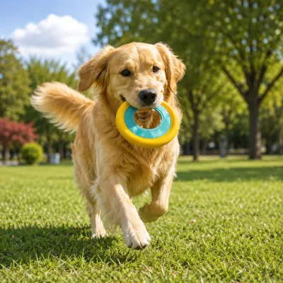 Golden Retriever Playing with Floating Dog Frisbee Toy Outdoors Golden retriever carrying a yellow and green floating dog flying disc toy in a park