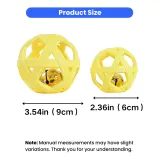 Small and large pet interactive bell ball toy size chart in inches and centimeters