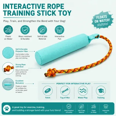 Interactive floating rope dog training stick toy made with durable polyester material for fetch and tug play