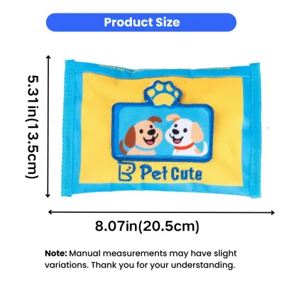 Tissue Box Dog Toy Size Guide for Small Dogs Size chart of tissue box dog toy measuring 8.07 inches by 5.31 inches for small and medium dogs