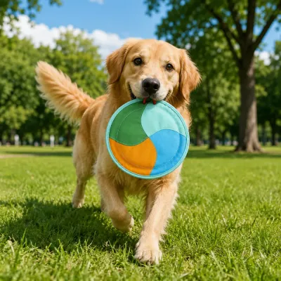 Golden retriever carrying colorful canvas frisbee dog toy during outdoor park play
