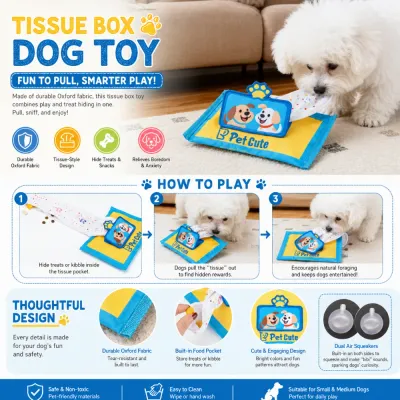 Interactive Tissue Box Snuffle Dog Toy with Treat Pocket Interactive tissue box dog toy with hidden treat pocket, Oxford fabric material, and squeaker design for dog enrichment training