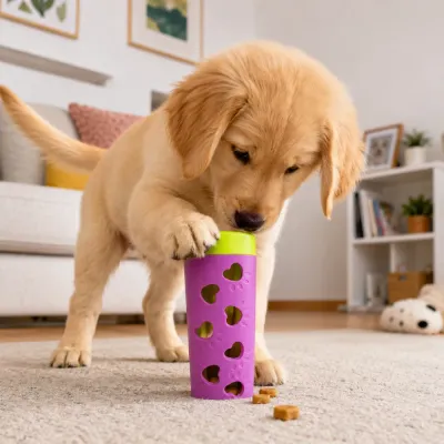 Puppy Playing with Interactive Treat Dispensing Dog Toy Golden retriever puppy playing with purple interactive treat dispensing chew toy indoors