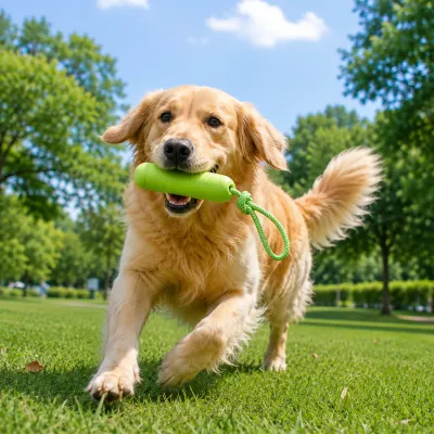 Golden Retriever Playing with EVA Dog Chew Toy Outdoors Golden retriever running outdoors with green EVA dog chew toy for fetch and interactive training