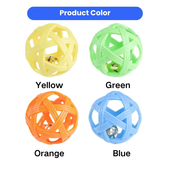 Yellow green orange and blue pet bell ball toys for cats and dogs