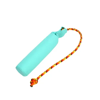 Blue floating dog rope training stick toy with durable rope handle for fetch and water play