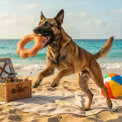 Dog Playing with Floating Frisbee Toy on Beach Active dog carrying floating frisbee chew toy while playing on the beach