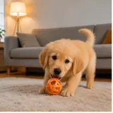 Golden retriever puppy chewing orange interactive bell ball toy at home