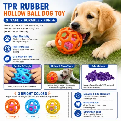 TPR rubber hollow ball dog toy product detail image featuring durable chew toy benefits safe material and interactive puppy play