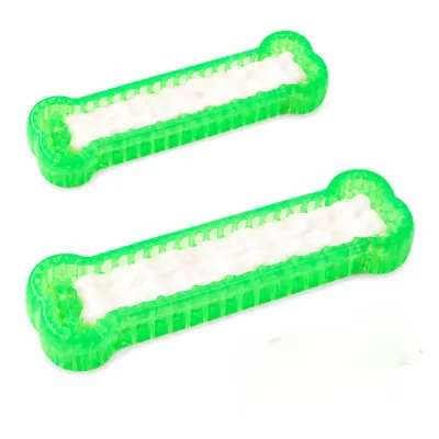 Transparent green TPR dog chew bone toy filled with pet yogurt paste for teething, chewing, and interactive dog training