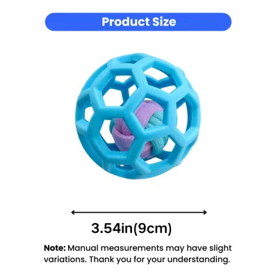 Blue TPR rubber hollow ball dog toy size chart showing 3.54 inch 9cm interactive chew toy for puppies and small dogs