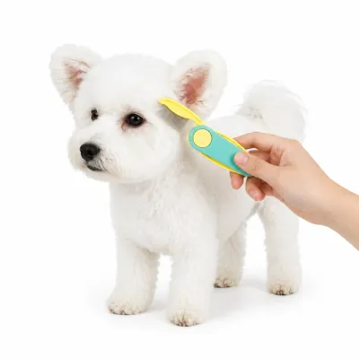 Small white dog being groomed with a self cleaning pet grooming brush for shedding and daily fur care