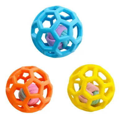 Wholesale Rubber Dog Ball Toy with Rope Core for Interactive Chew Play Colorful hollow rubber dog ball toy with rope core for chewing, fetch, and interactive puppy play