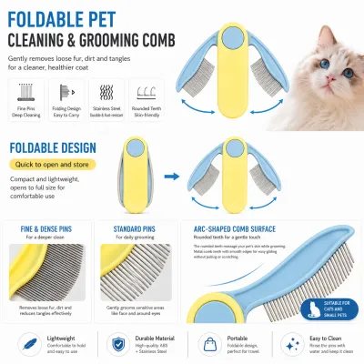 Foldable Pet Grooming Comb for Cats and Small Dogs | Stainless Steel Cleaning Brush Foldable pet grooming comb with stainless steel pins for cats and small dogs, designed for removing loose fur, tangles, and dirt with gentle daily grooming