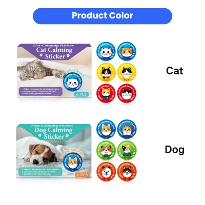 Pet Calming Stickers for Cats and Dogs Product Color Display Product color options for cat and dog calming stickers with cute cartoon pet designs and essential oil calming beads