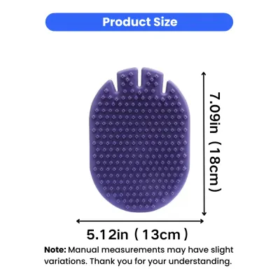 Size dimensions of purple silicone pet bath massage brush measuring 7.09 inches by 5.12 inches
