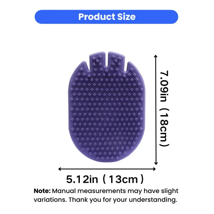 Pet Bath Massage Brush Size Chart | Silicone Dog Grooming Brush Dimensions Size dimensions of purple silicone pet bath massage brush measuring 7.09 inches by 5.12 inches