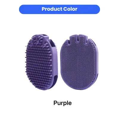 Front and back view of purple silicone double-sided dog bath and massage brush for pet grooming