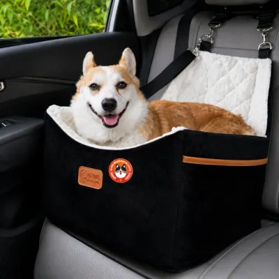 Dog Car Seat with Pet Calming Sticker for Travel Anxiety Relief Dog relaxing in a car seat with calming sticker attached for reducing travel anxiety and stress during car rides