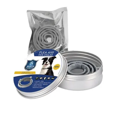 Dog Flea and Tick Collar Tin Packaging with Adjustable Collar | Petfairs Dog flea and tick collar in metal tin packaging with adjustable gray collar for flea and tick control