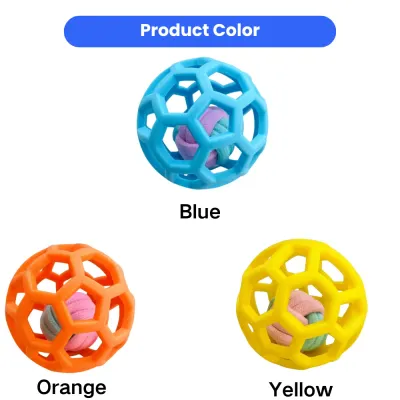 Blue orange and yellow hollow rubber dog balls with rope core for dogs