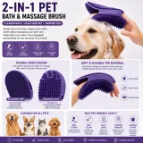 2-in-1 Pet Bath & Massage Brush for Dogs and Cats | Silicone Grooming Tool Infographic showing features of a 2-in-1 silicone pet bath and massage brush for dogs and cats
