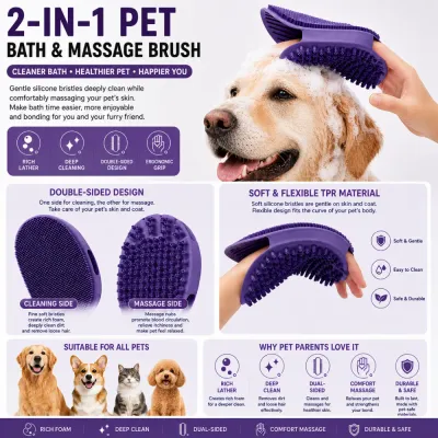 Infographic showing features of a 2-in-1 silicone pet bath and massage brush for dogs and cats