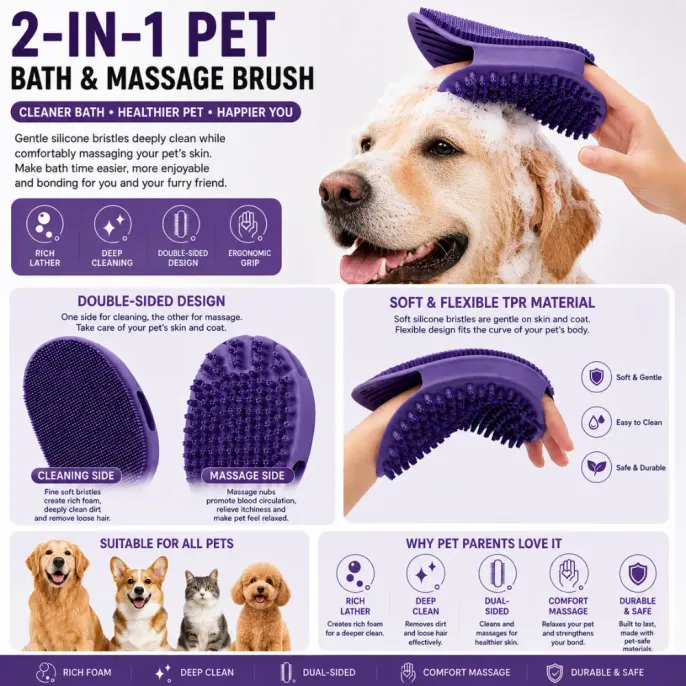 2-in-1 Pet Bath & Massage Brush for Dogs and Cats | Silicone Grooming Tool Infographic showing features of a 2-in-1 silicone pet bath and massage brush for dogs and cats