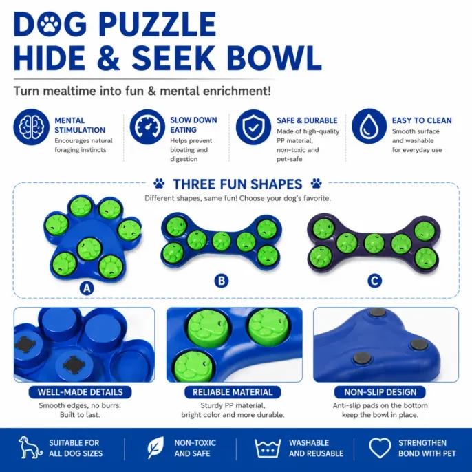 Interactive Dog Puzzle Hide and Seek Slow Feeder Bowl Dog puzzle hide and seek feeder bowl with rotating paw covers for mental stimulation and slow feeding training