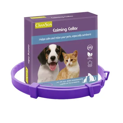 Adjustable Purple Calming Collar with Retail Box Packaging Adjustable purple calming pet collar displayed with branded packaging for dogs and cats