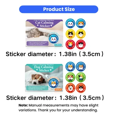 Cat and Dog Calming Sticker Size Guide 3.5cm Diameter Size chart for pet calming stickers showing 1.38in 3.5cm diameter for cat and dog anxiety relief stickers