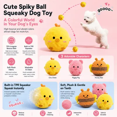 Cute Spiky Ball Squeaky Plush Dog Toy for Interactive Play Cute plush spiky squeaky dog toy with TPR squeaker for chewing, bouncing, and interactive indoor play