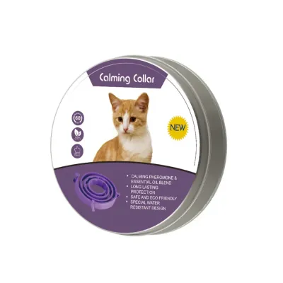 Cat Calming Collar Tin Packaging with Essential Oil Formula Cat calming collar in round tin packaging with natural pheromone and essential oil blend