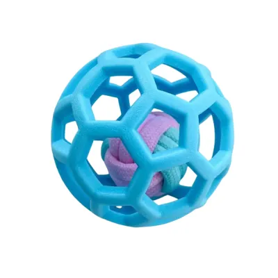 Blue rubber lattice dog ball toy with braided rope center for interactive chewing