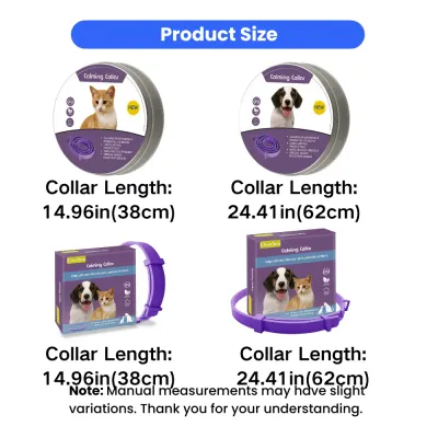 Adjustable Calming Collar Size Guide for Cats and Dogs Pet calming collar size comparison chart showing cat and dog collar lengths in inches and centimeters