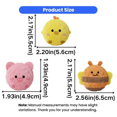 Small Plush Squeaky Dog Toy Ball Size Chart Size chart of plush squeaky dog ball toys with chick, pig, and bee measurements in inches and centimeters