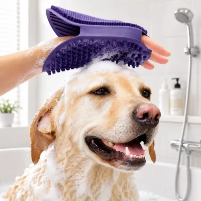 Golden Labrador enjoying bath time while being cleaned with a purple silicone pet massage brush in bathroom