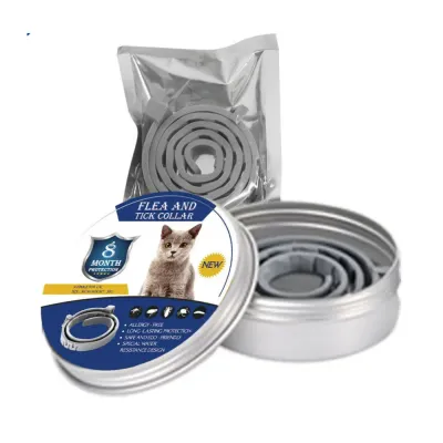 Cat Flea and Tick Collar Tin Packaging with Adjustable Collar | Petfairs Cat flea and tick collar in metal tin packaging with adjustable gray collar and waterproof protection