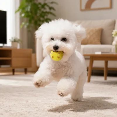 Small White Dog Playing with Plush Squeaky Ball Toy Small fluffy white dog carrying a yellow plush squeaky ball toy indoors in a living room
