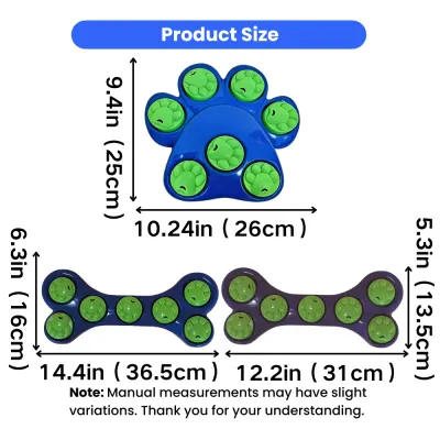 Size dimensions of paw-shaped and bone-shaped dog puzzle slow feeder bowls with inch and centimeter measurements