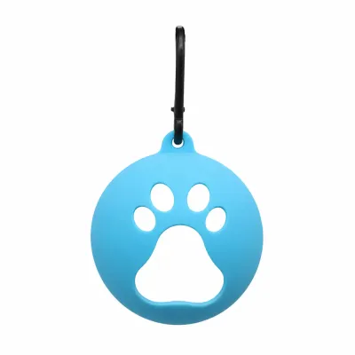 Blue Silicone Dog Tennis Ball Cover Blue silicone dog ball cover with paw print opening and hanging clip for pet toys