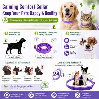 Natural Essential Oil Calming Collar for Dogs and Cats Dog and cat wearing calming comfort collars with essential oil anxiety relief and waterproof protection
