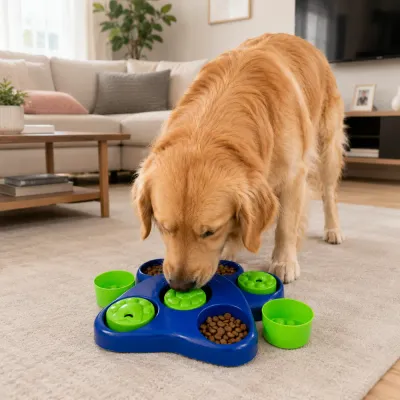 Golden Retriever playing with blue interactive slow feeder puzzle bowl in a living room environment