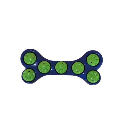 Blue bone-shaped interactive dog slow feeder puzzle toy with paw-shaped rotating compartments