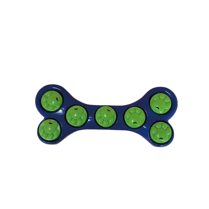 Blue Bone Shape Dog Puzzle Slow Feeder Toy Blue bone-shaped interactive dog slow feeder puzzle toy with paw-shaped rotating compartments