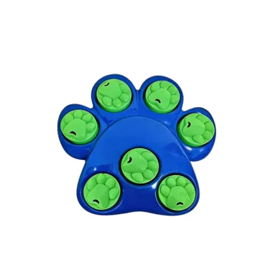 Blue paw-shaped interactive dog puzzle slow feeder bowl with rotating treat covers for mental stimulation and slow eating training