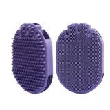 Soft Silicone Pet Grooming Brush for Dogs | Double-Sided Bath Brush Purple soft silicone pet grooming brush with textured massage side and cleaning side isolated on white background